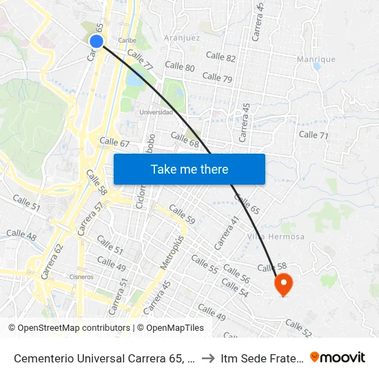 Cementerio Universal Carrera 65, 8079-80279 to Itm Sede Fraternidad map