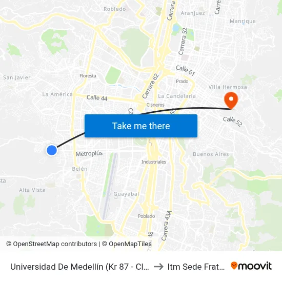 Universidad De Medellín (Kr 87 - Cl 30b, Medellín) to Itm Sede Fraternidad map
