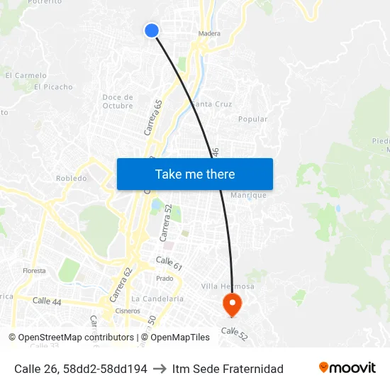 Calle 26, 58dd2-58dd194 to Itm Sede Fraternidad map