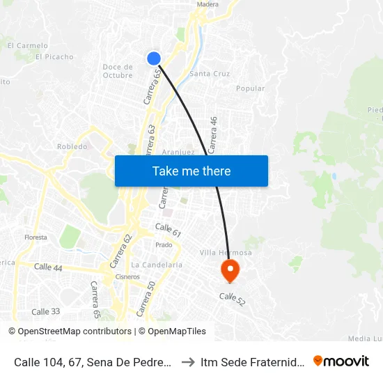 Calle 104, 67, Sena De Pedregal to Itm Sede Fraternidad map