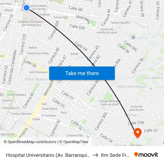 Hospital Universitario (Av. Barranquilla - Kr 51d, Medellín) to Itm Sede Fraternidad map