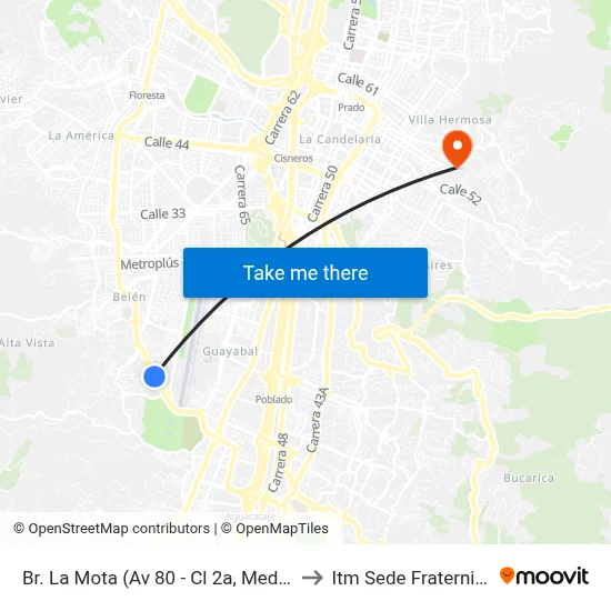 Br. La Mota (Av 80 - Cl 2a, Medellín) to Itm Sede Fraternidad map