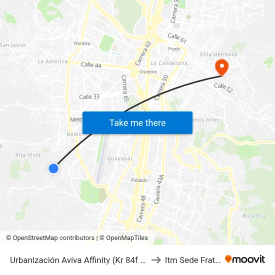 Urbanización Aviva Affinity (Kr 84f - Cl 3d, Medellín) to Itm Sede Fraternidad map