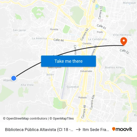 Biblioteca Pública Altavista (Cl 18 - Kr 103, Medellín) to Itm Sede Fraternidad map