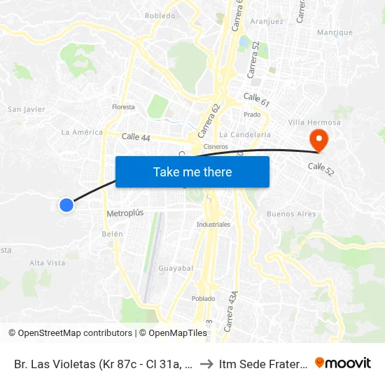 Br. Las Violetas (Kr 87c - Cl 31a, Medellín) to Itm Sede Fraternidad map