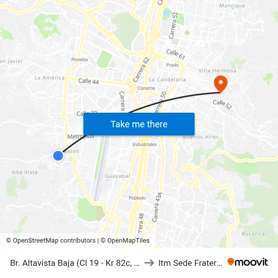 Br. Altavista Baja (Cl 19 - Kr 82c, Medellín) to Itm Sede Fraternidad map