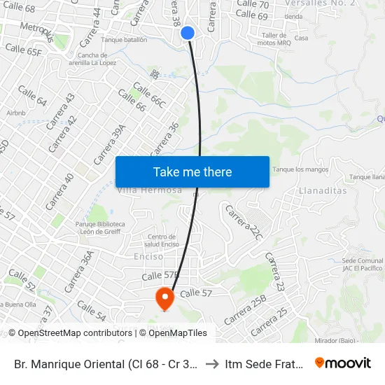 Br. Manrique Oriental (Cl 68 - Cr 36a, Medellín) to Itm Sede Fraternidad map