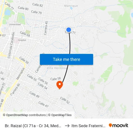 Br. Raizal (Cl 71a - Cr 34, Medellín) to Itm Sede Fraternidad map
