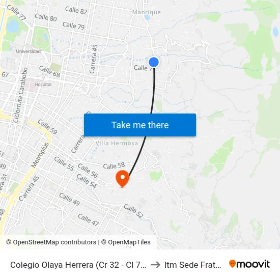 Colegio Olaya Herrera (Cr 32 - Cl 71a, Medellín) to Itm Sede Fraternidad map
