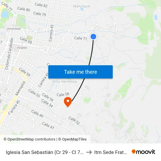 Iglesia San Sebastián (Cr 29 - Cl 71a, Medellín) to Itm Sede Fraternidad map