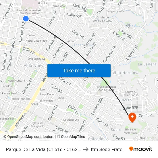 Parque De La Vida (Cr 51d - Cl 62, Medellín) to Itm Sede Fraternidad map