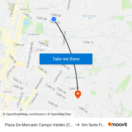Plaza De Mercado Campo Valdés (Cr 49a - Cl 80, Medellín) to Itm Sede Fraternidad map