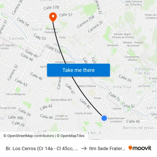 Br. Los Cerros (Cr 14a - Cl 45cc, Medellín) to Itm Sede Fraternidad map