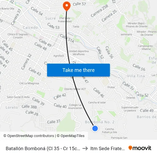 Batallón Bomboná (Cl 35 - Cr 15c, Medellín) to Itm Sede Fraternidad map