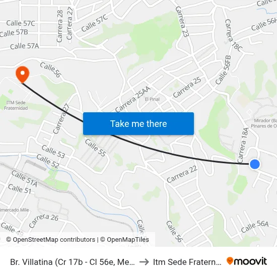 Br. Villatina (Cr 17b - Cl 56e, Medellín) to Itm Sede Fraternidad map