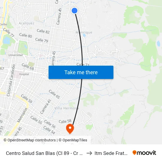 Centro Salud San Blas (Cl 89 - Cr 49, Medellín) to Itm Sede Fraternidad map