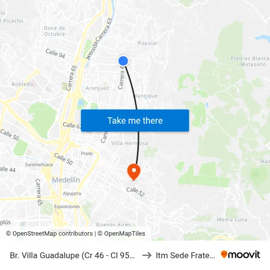 Br. Villa Guadalupe (Cr 46 - Cl 95a, Medellín) to Itm Sede Fraternidad map