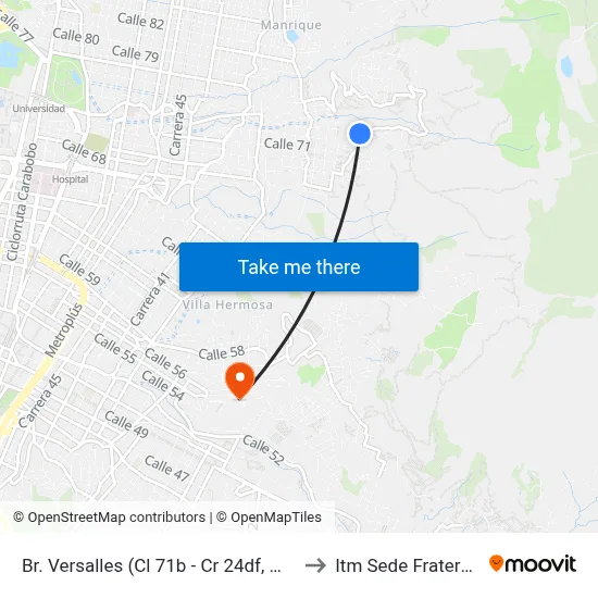 Br. Versalles (Cl 71b - Cr 24df, Medellín) to Itm Sede Fraternidad map