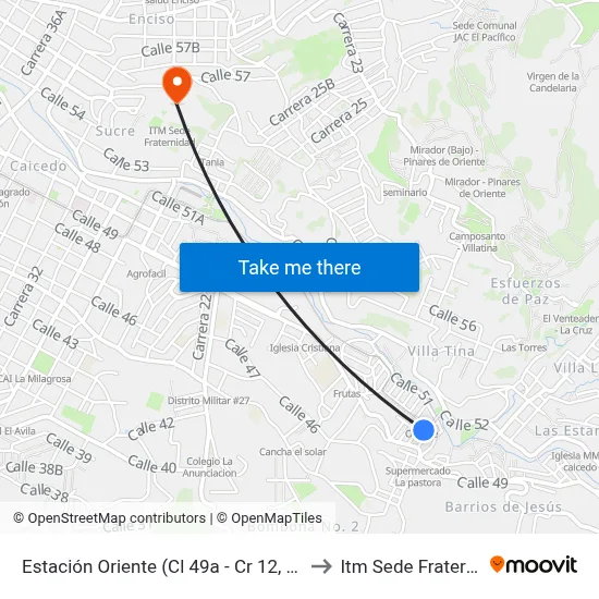 Estación Oriente (Cl 49a - Cr 12, Medellín) to Itm Sede Fraternidad map