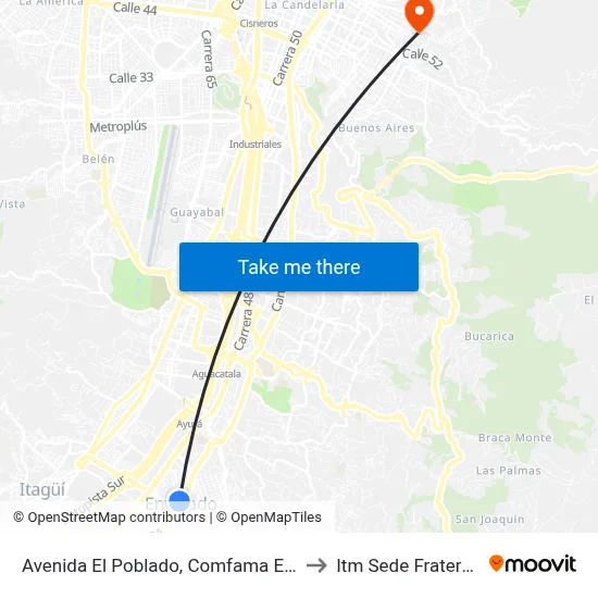 Avenida El Poblado, Comfama Envigado to Itm Sede Fraternidad map