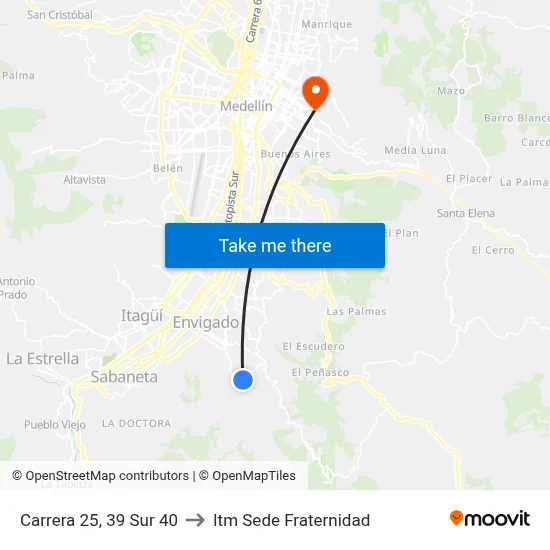 Carrera 25, 39 Sur 40 to Itm Sede Fraternidad map