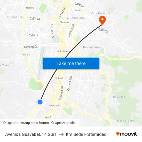 Avenida Guayabal, 14 Sur1 to Itm Sede Fraternidad map