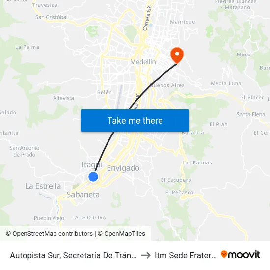 Autopista Sur, Secretaría De Tránsito Itagüí to Itm Sede Fraternidad map