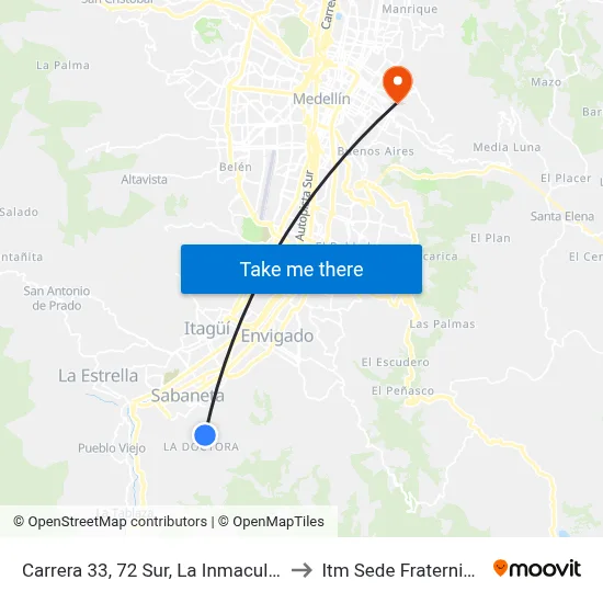 Carrera 33, 72 Sur, La Inmaculada to Itm Sede Fraternidad map