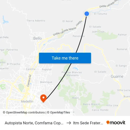 Autopista Norte, Comfama Copacabana to Itm Sede Fraternidad map