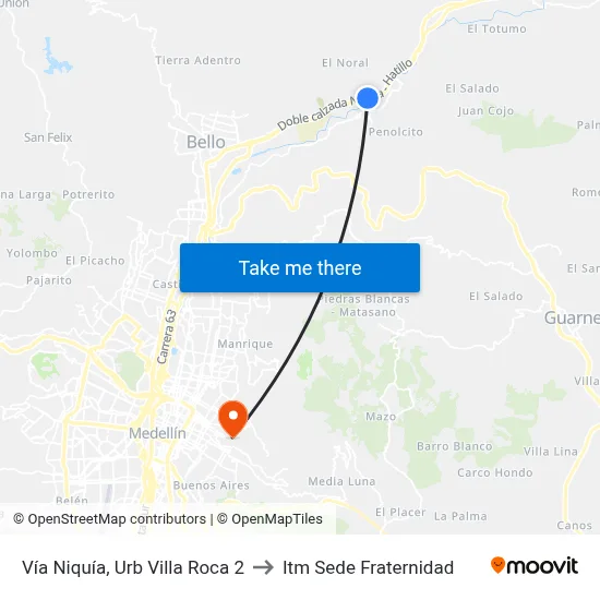Vía Niquía, Urb Villa Roca 2 to Itm Sede Fraternidad map