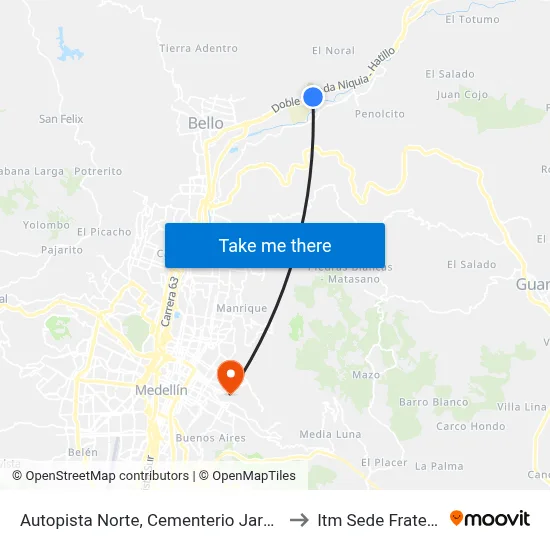 Autopista Norte, Cementerio Jardines De Fé to Itm Sede Fraternidad map