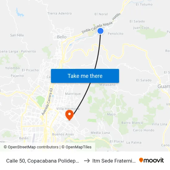 Calle 50, Copacabana Polideportivo to Itm Sede Fraternidad map