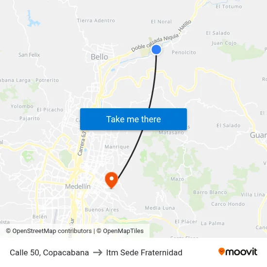 Calle 50, Copacabana to Itm Sede Fraternidad map