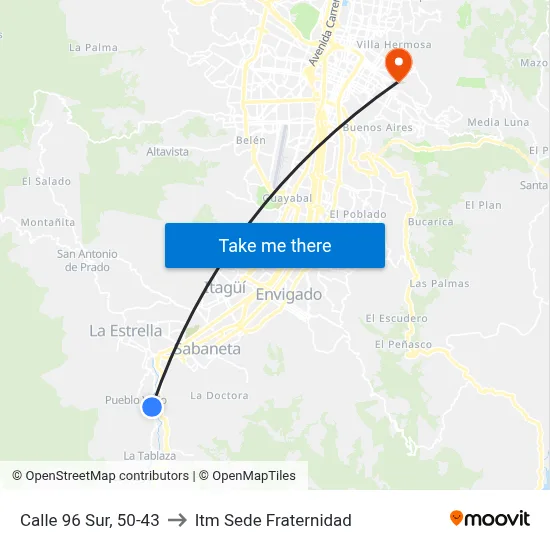 Calle 96 Sur, 50-43 to Itm Sede Fraternidad map