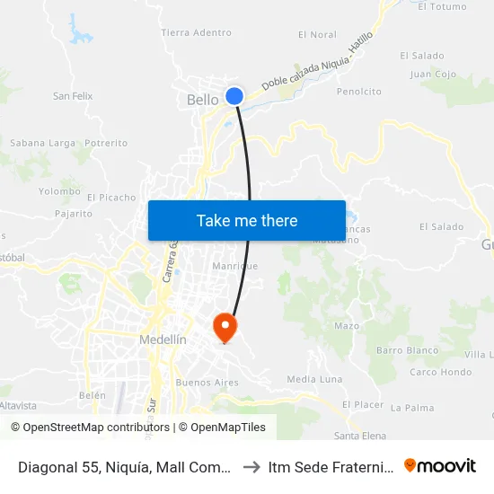 Diagonal 55, Niquía, Mall Comercial to Itm Sede Fraternidad map