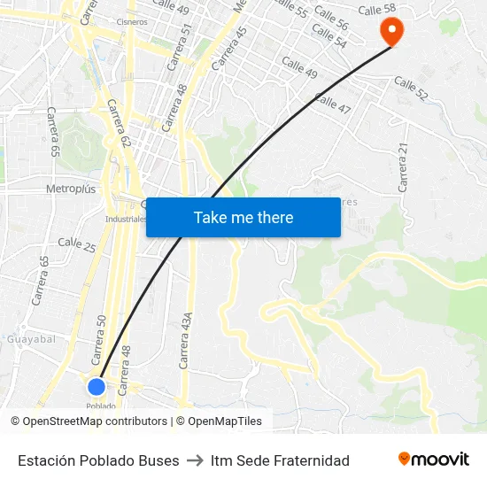 Estación Poblado Buses to Itm Sede Fraternidad map
