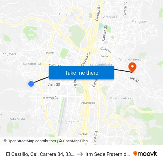 El Castillo, Cai, Carrera 84, 3310 to Itm Sede Fraternidad map