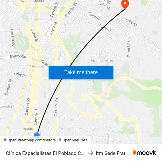 Clínica Especialistas El Poblado Carrera 46, 7-29 to Itm Sede Fraternidad map