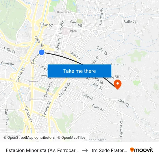 Estación Minorista (Av. Ferrocarril - Cl 56) to Itm Sede Fraternidad map
