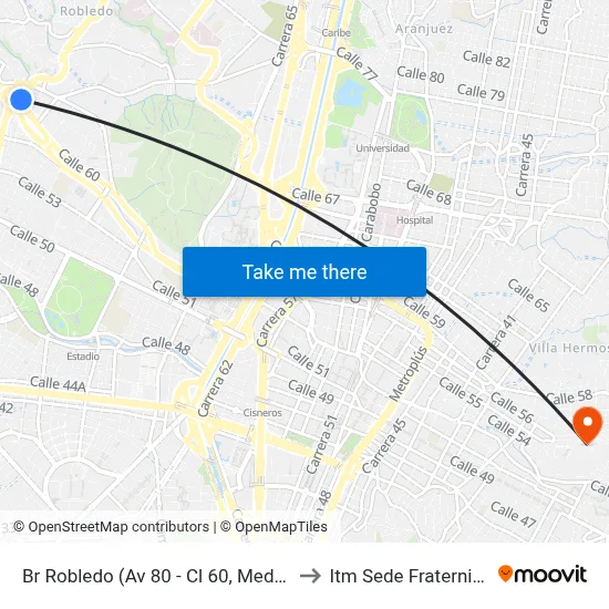 Br Robledo (Av 80 - Cl 60, Medellín) to Itm Sede Fraternidad map