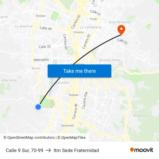 Calle 9 Sur, 70-99 to Itm Sede Fraternidad map