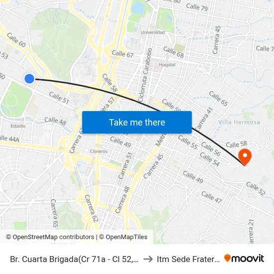 Br. Cuarta Brigada(Cr 71a - Cl 52, Medellín) to Itm Sede Fraternidad map