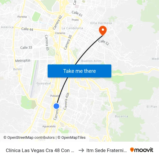 Clínica Las Vegas Cra 48 Con Cll 4s to Itm Sede Fraternidad map