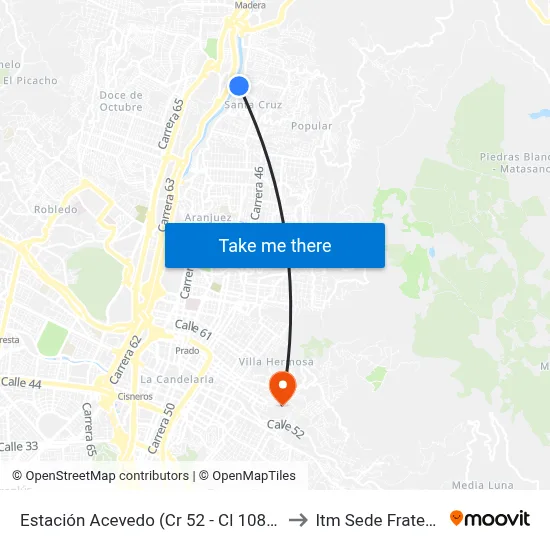 Estación Acevedo (Cr 52 - Cl 108, Medellín) to Itm Sede Fraternidad map