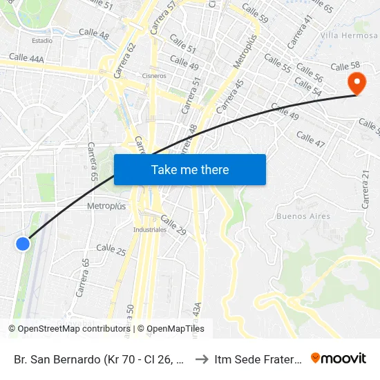 Br. San Bernardo (Kr 70 - Cl 26, Medellín) to Itm Sede Fraternidad map