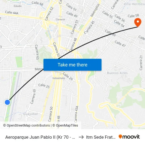 Aeroparque Juan Pablo II (Kr 70 - Cl 15, Medellín) to Itm Sede Fraternidad map