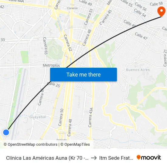 Clínica Las Américas Auna (Kr 70 - Cl 2, Medellín) to Itm Sede Fraternidad map