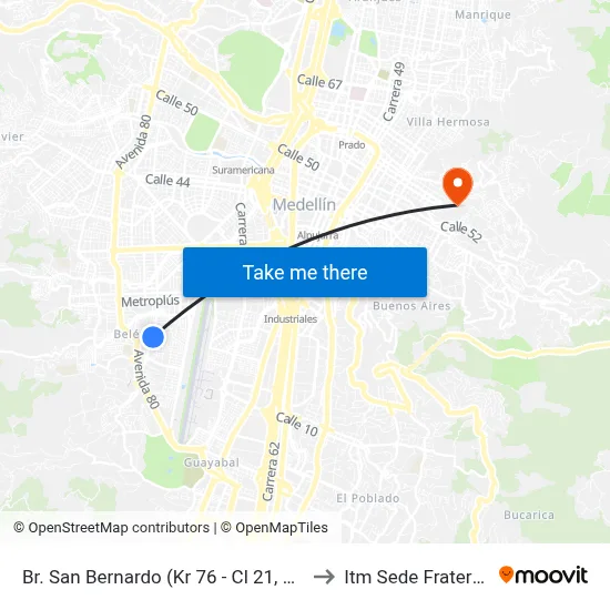 Br. San Bernardo (Kr 76 - Cl 21, Medellín) to Itm Sede Fraternidad map