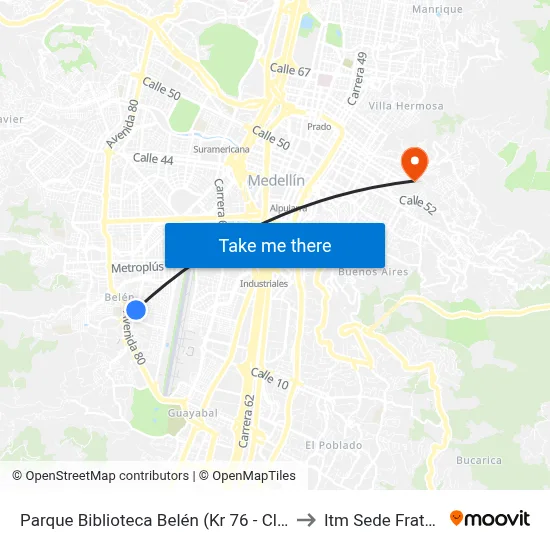 Parque Biblioteca Belén (Kr 76 - Cl 19, Medellín) to Itm Sede Fraternidad map