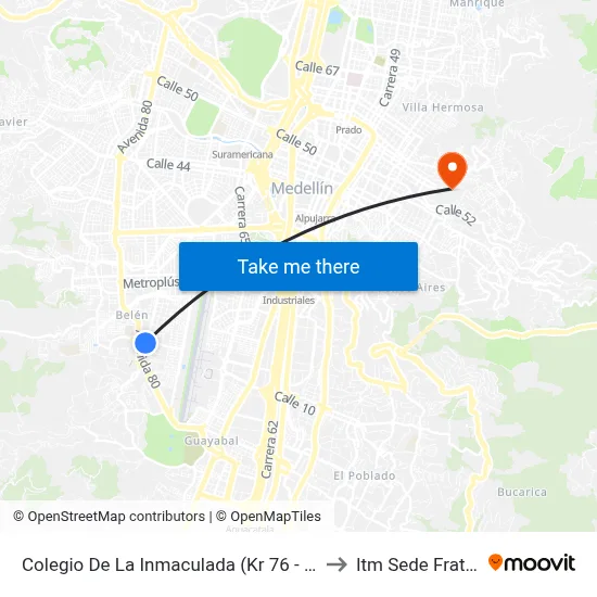 Colegio De La Inmaculada (Kr 76 - Cl 13, Medellín) to Itm Sede Fraternidad map